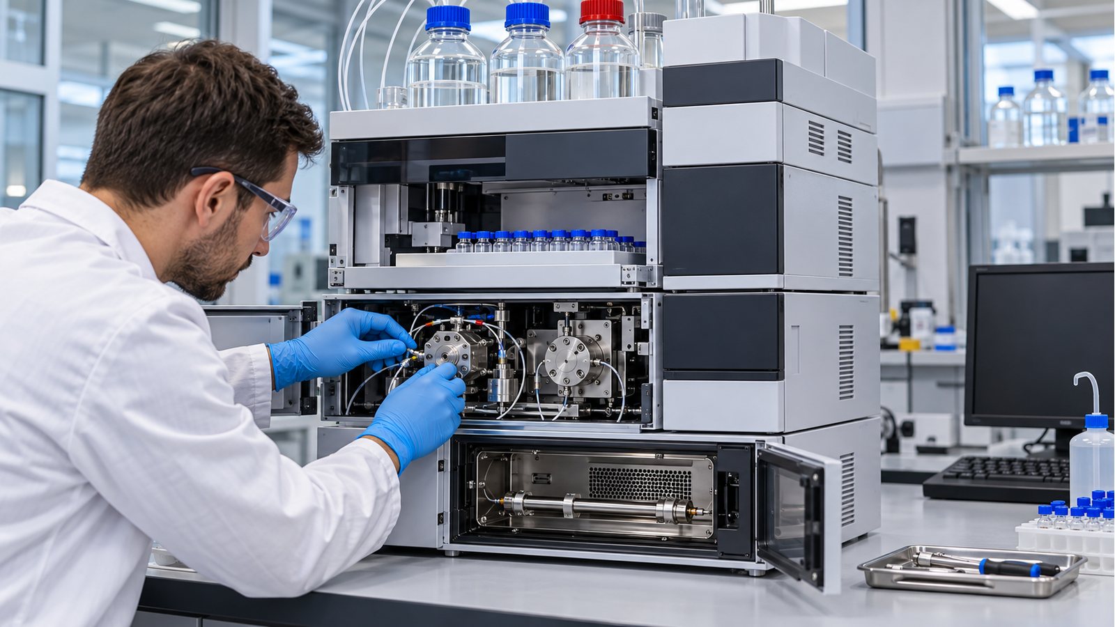 Equipamento analítico representativo da linha Agilent em bancada de manutenção