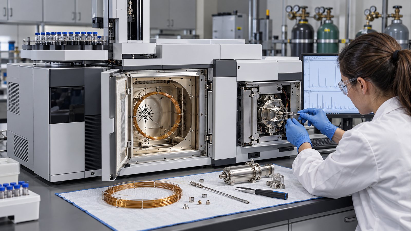 Cromatógrafo Gc-Ms representativo da família Agilent 5977C GC-MSD em avaliação técnica