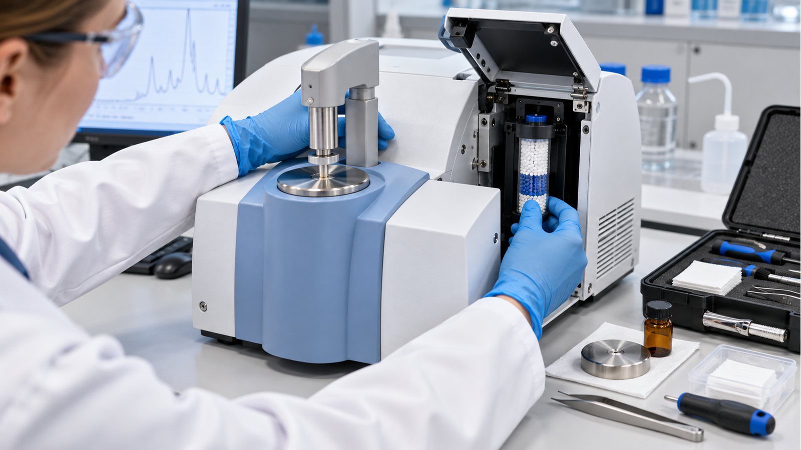Equipamento analítico representativo da linha Bruker em bancada de manutenção