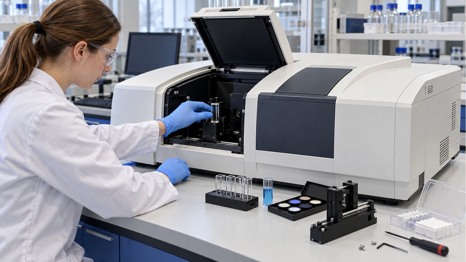 Equipamento analítico representativo da linha Hitachi High-Tech em bancada de manutenção