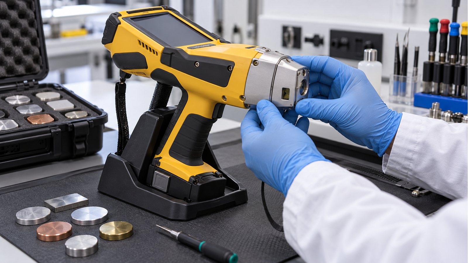 Equipamento analítico representativo da linha Niton / Thermo Scientific em bancada de manutenção