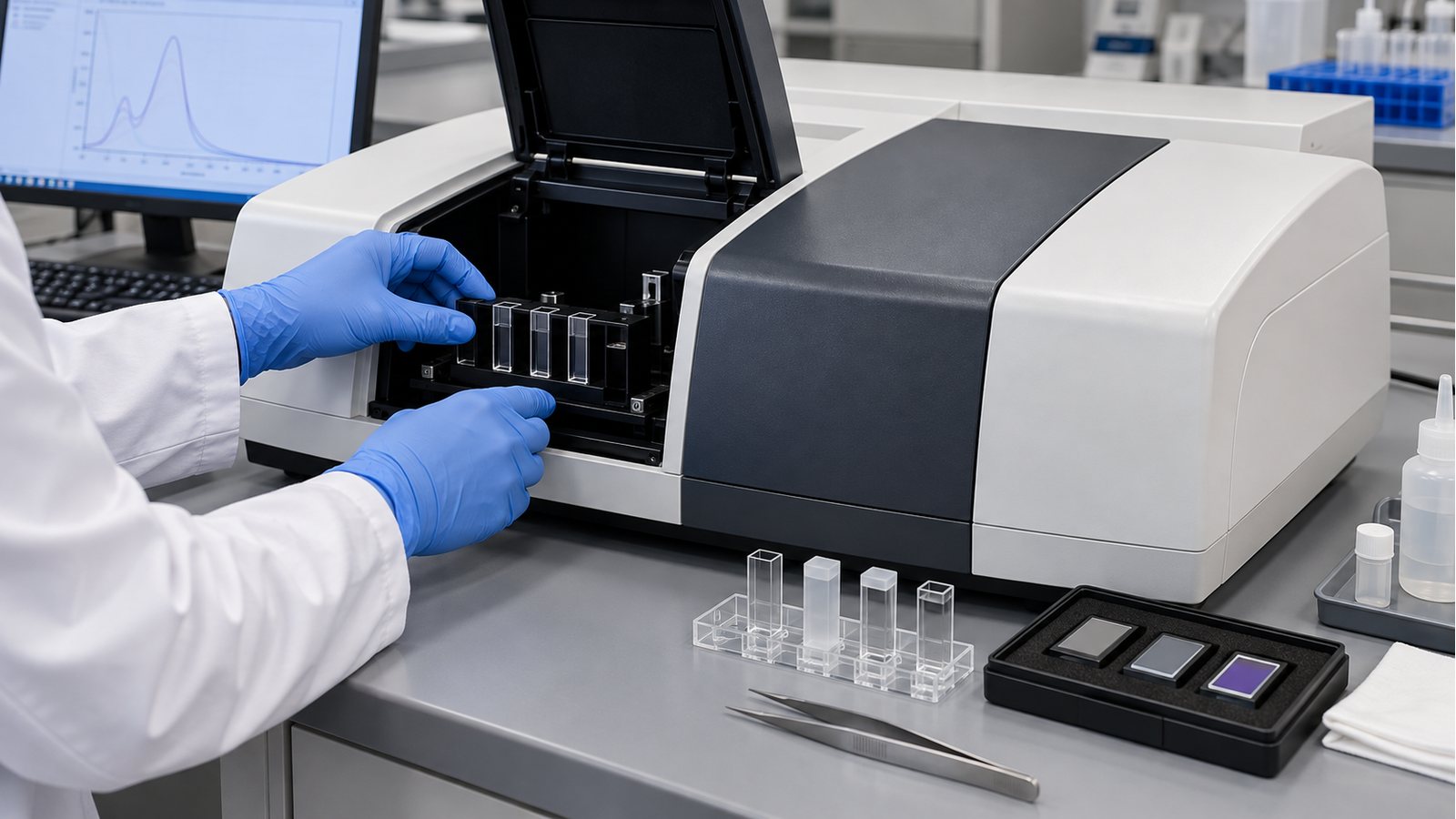 Espectrofotômetro Uv-Vis representativo da família PerkinElmer LAMBDA 365+ em avaliação técnica