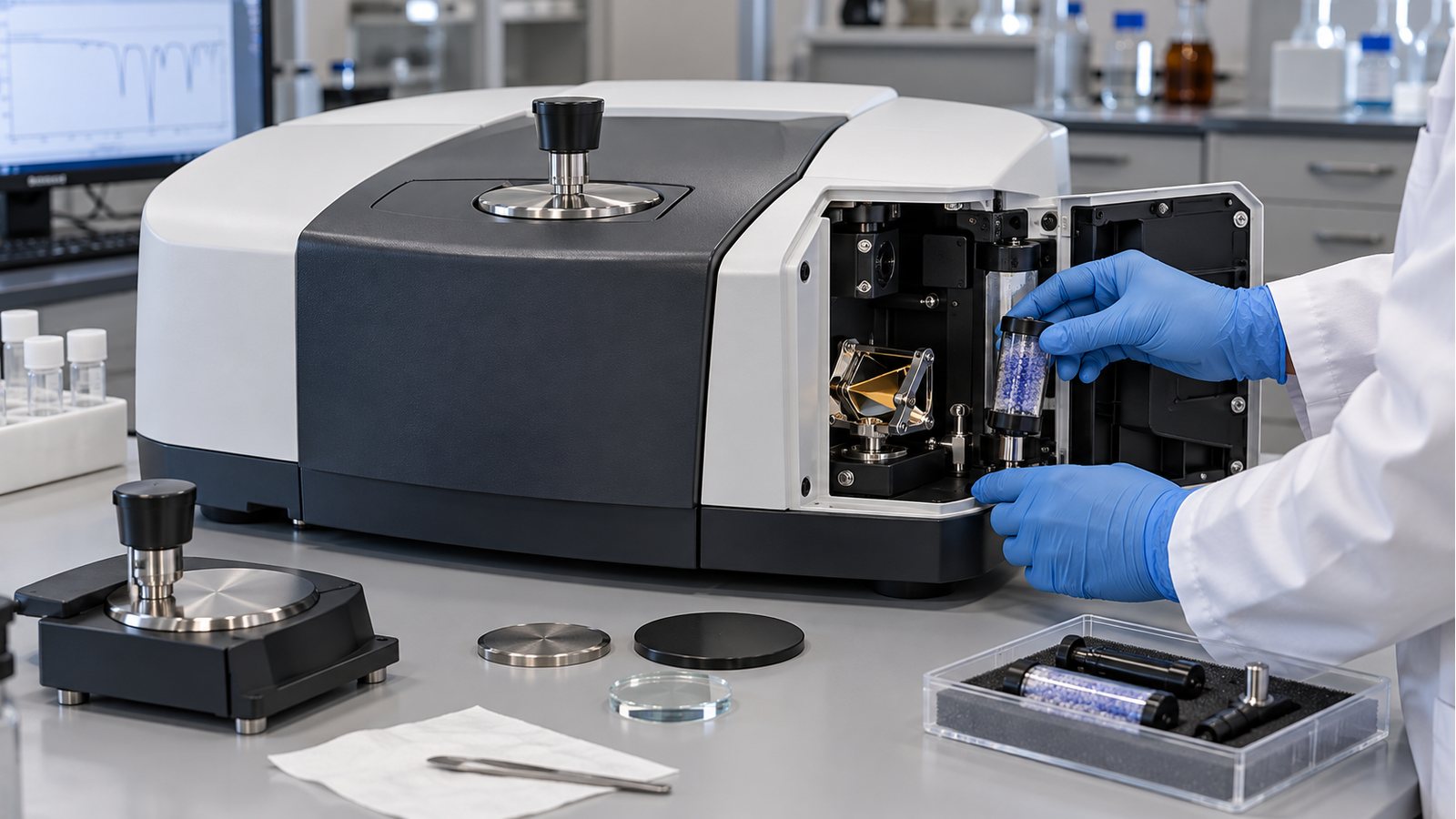 Equipamento analítico representativo da linha PerkinElmer em bancada de manutenção