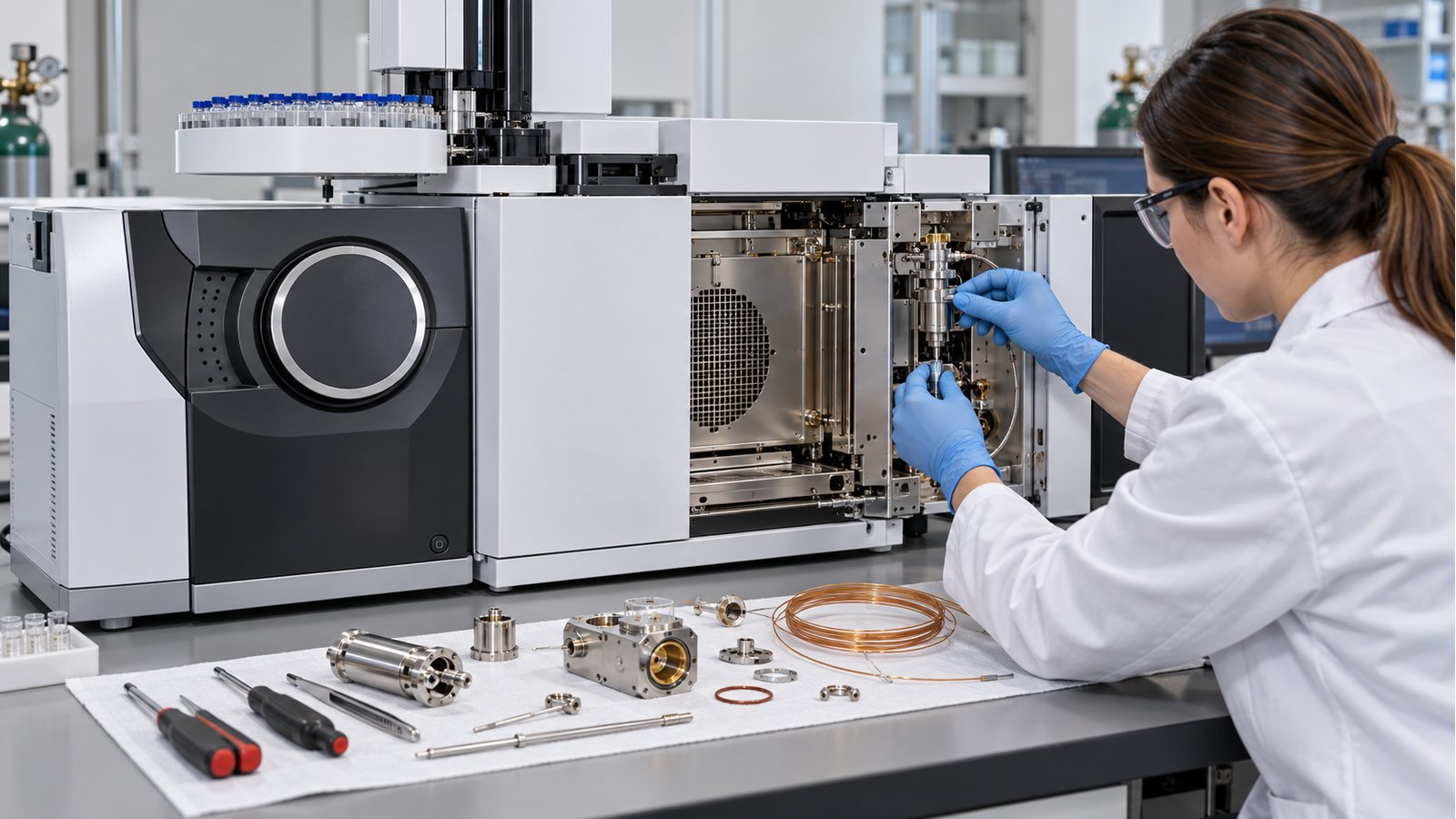 Cromatógrafo Gc-Ms representativo da família Shimadzu GCMS-QP2050 em avaliação técnica