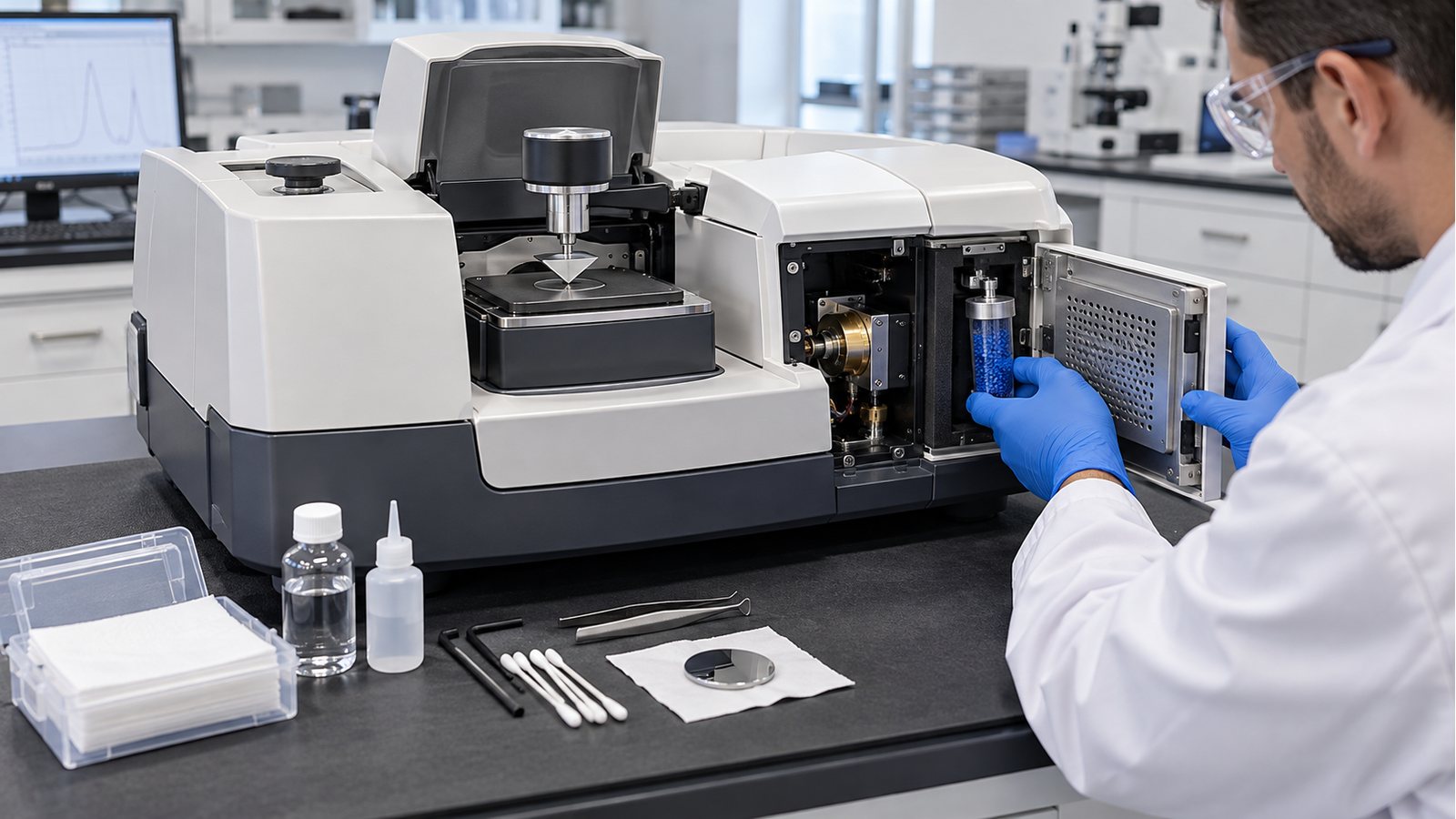 Equipamento analítico representativo da linha Thermo Scientific em bancada de manutenção